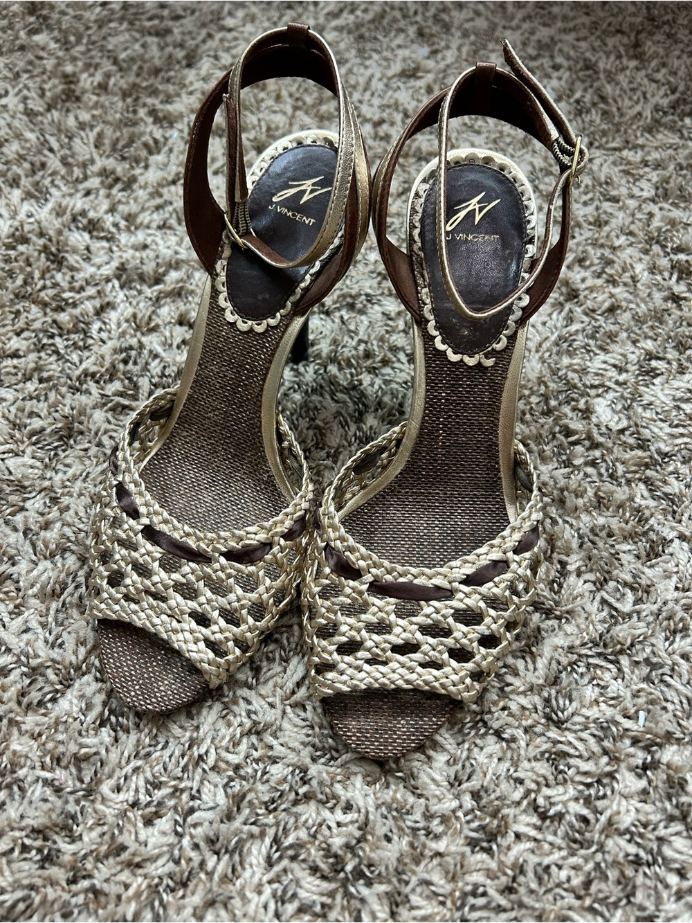 JV J Vincent Leather Woven Gold Ankle Strap Heels Peep Toe Womens Sz 9
